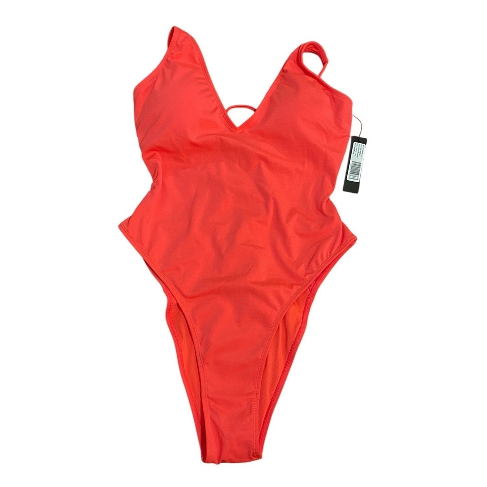 Ta3 NWT Hi Cut Plungey One Piece Swimsuit Hot Coral Size Large Regular Length